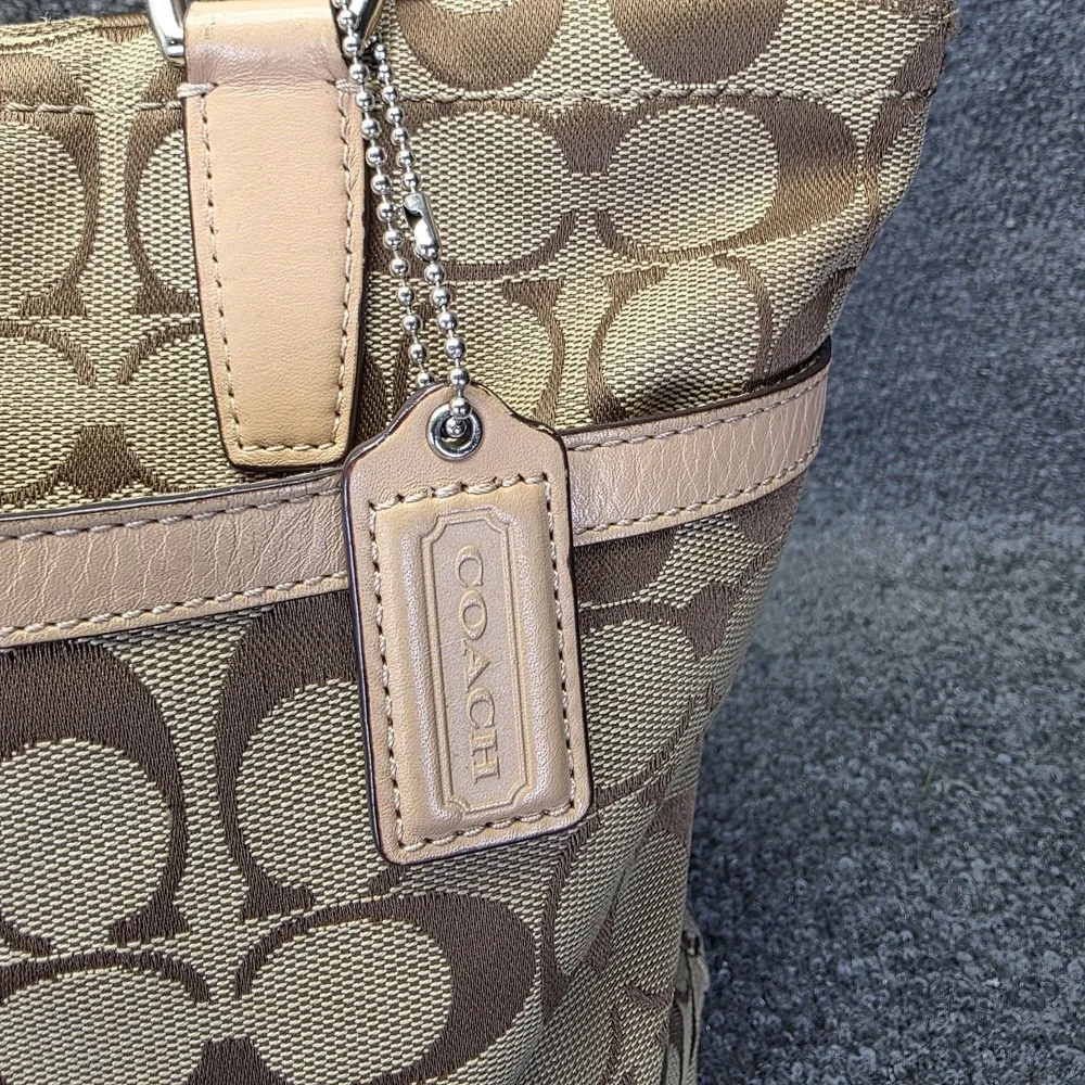 Coach Signature Stripe Tote Khaki Pink Jacquard Canvas Shoulder Bag F28504